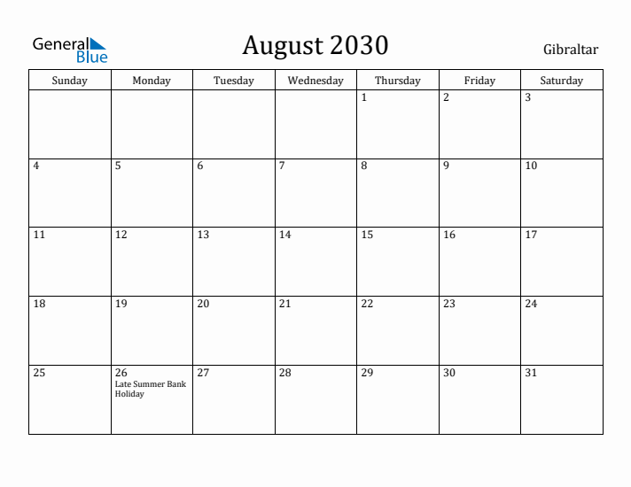 August 2030 Calendar Gibraltar