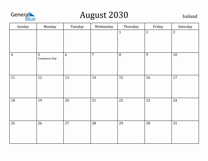 August 2030 Calendar Iceland