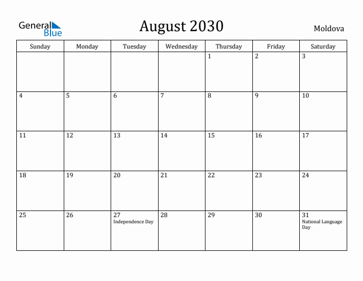 August 2030 Calendar Moldova