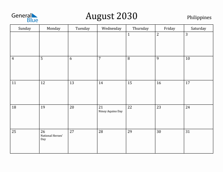 August 2030 Calendar Philippines