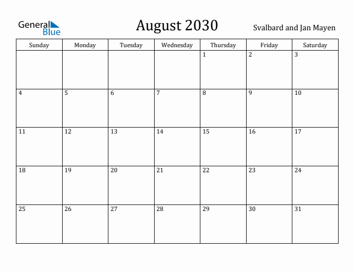 August 2030 Calendar Svalbard and Jan Mayen