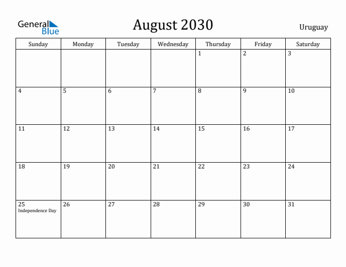 August 2030 Calendar Uruguay