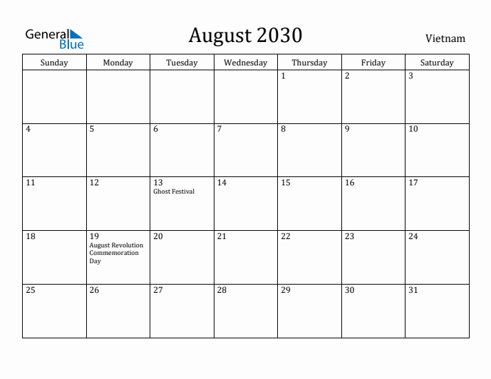 August 2030 Calendar Vietnam