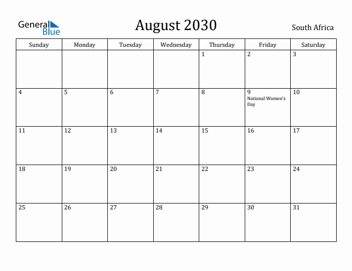 August 2030 Calendar South Africa