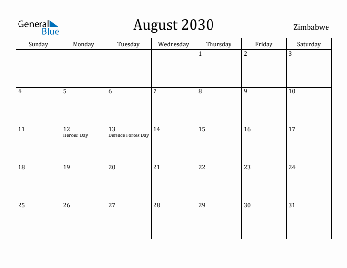 August 2030 Calendar Zimbabwe