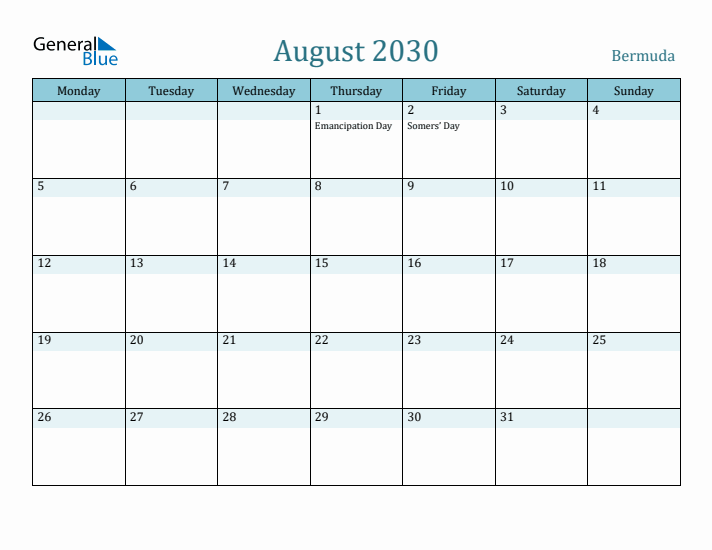 August 2030 Calendar with Holidays