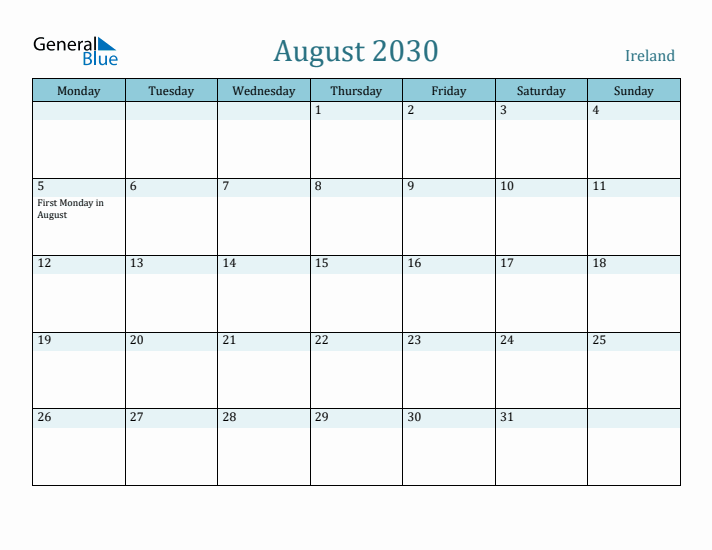 August 2030 Calendar with Holidays