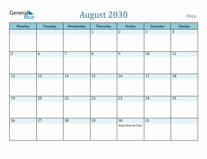 August 2030 Calendar with Holidays