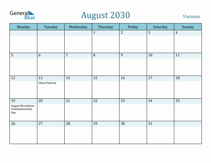 August 2030 Calendar with Holidays
