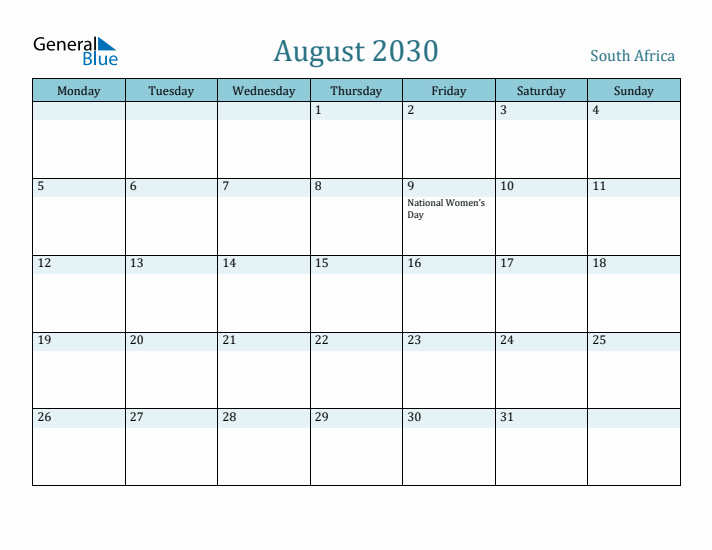 August 2030 Calendar with Holidays