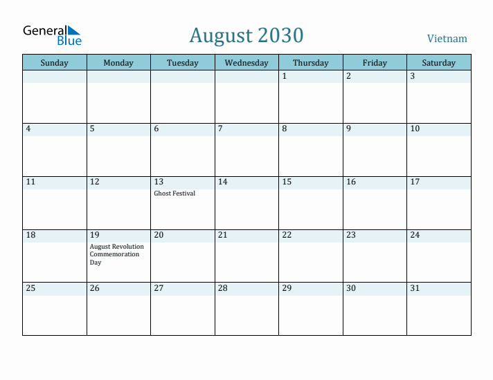 August 2030 Calendar with Holidays