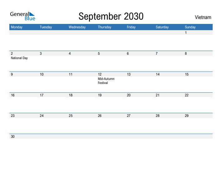 Fillable September 2030 Calendar
