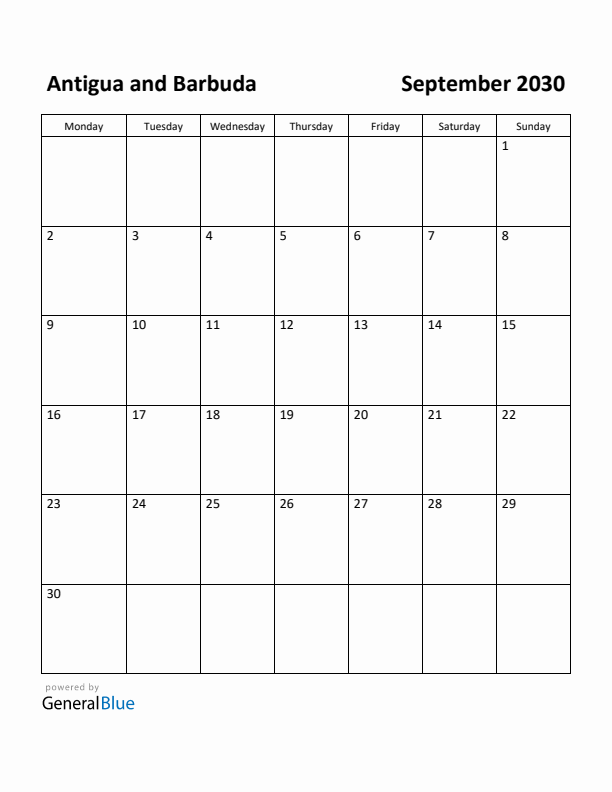 September 2030 Calendar with Antigua and Barbuda Holidays