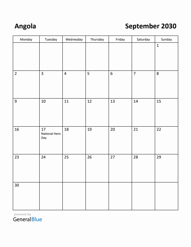 September 2030 Calendar with Angola Holidays