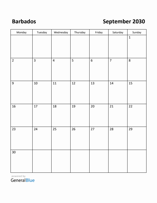 September 2030 Calendar with Barbados Holidays