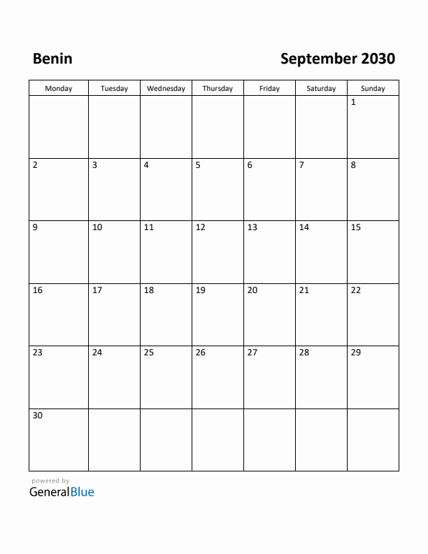 September 2030 Calendar with Benin Holidays