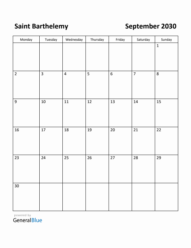 September 2030 Calendar with Saint Barthelemy Holidays