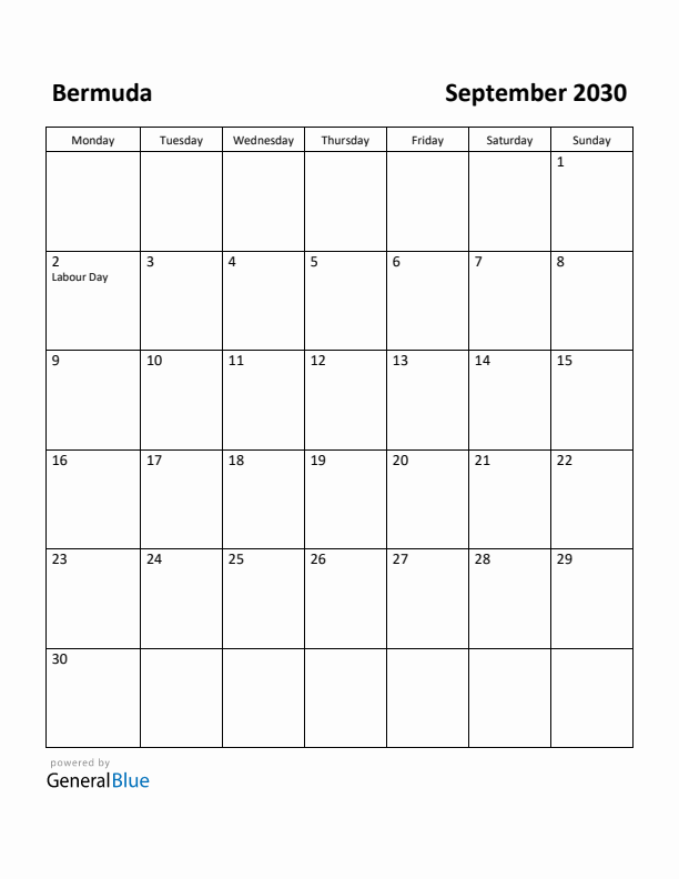 September 2030 Calendar with Bermuda Holidays