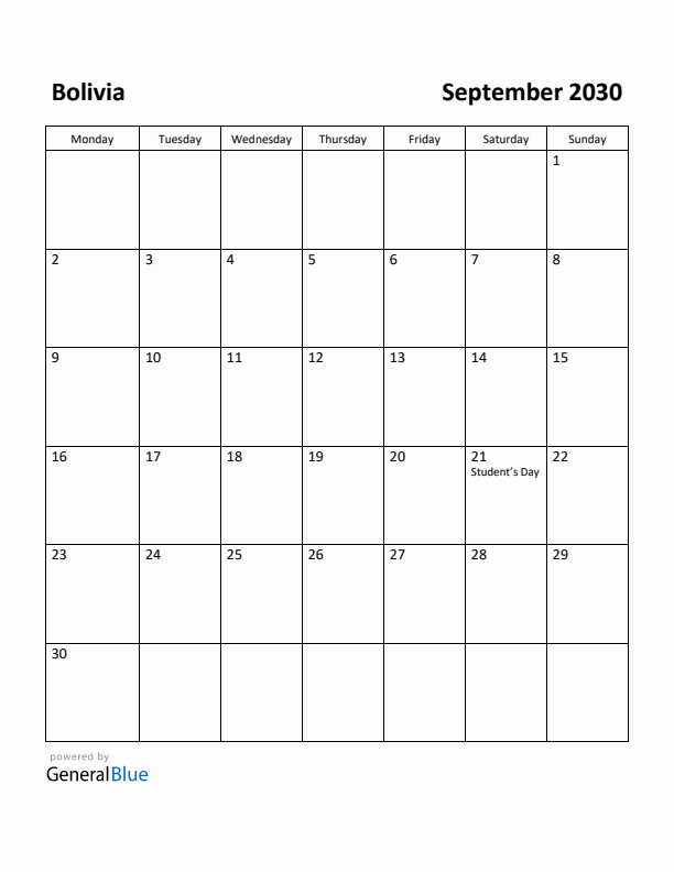 September 2030 Calendar with Bolivia Holidays
