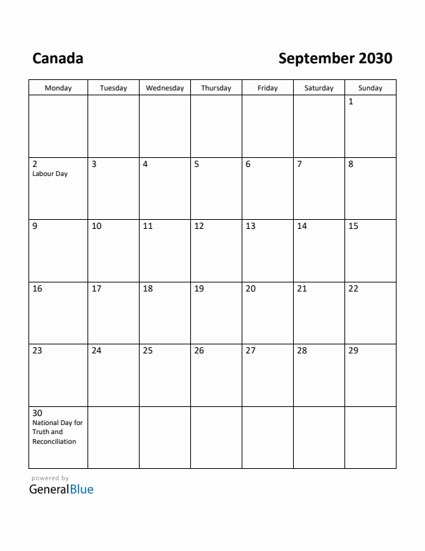 September 2030 Calendar with Canada Holidays