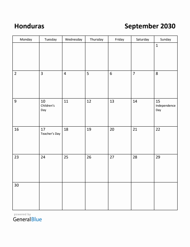September 2030 Calendar with Honduras Holidays