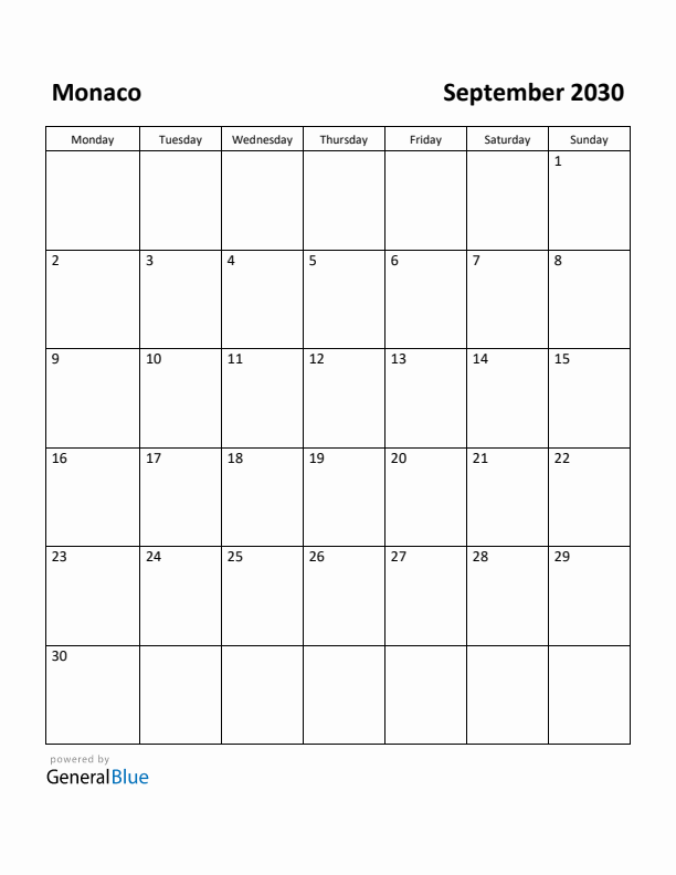 September 2030 Calendar with Monaco Holidays