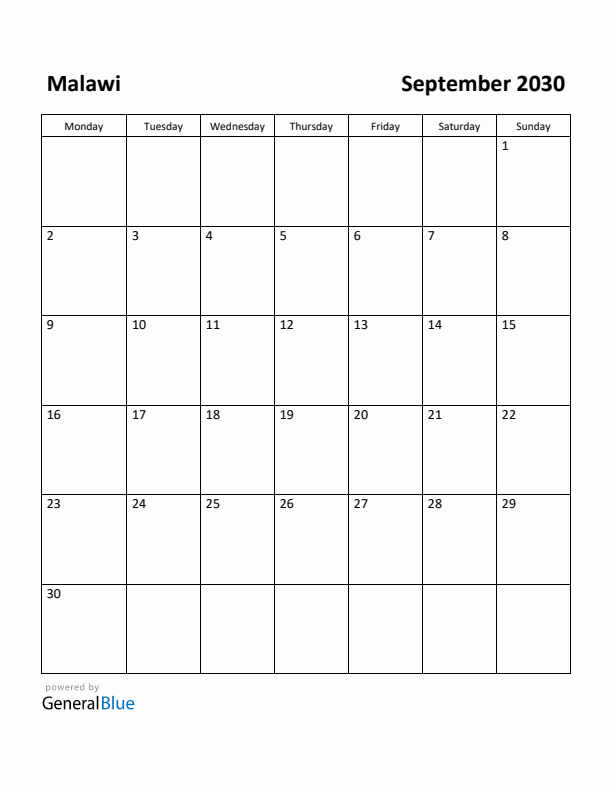 September 2030 Calendar with Malawi Holidays
