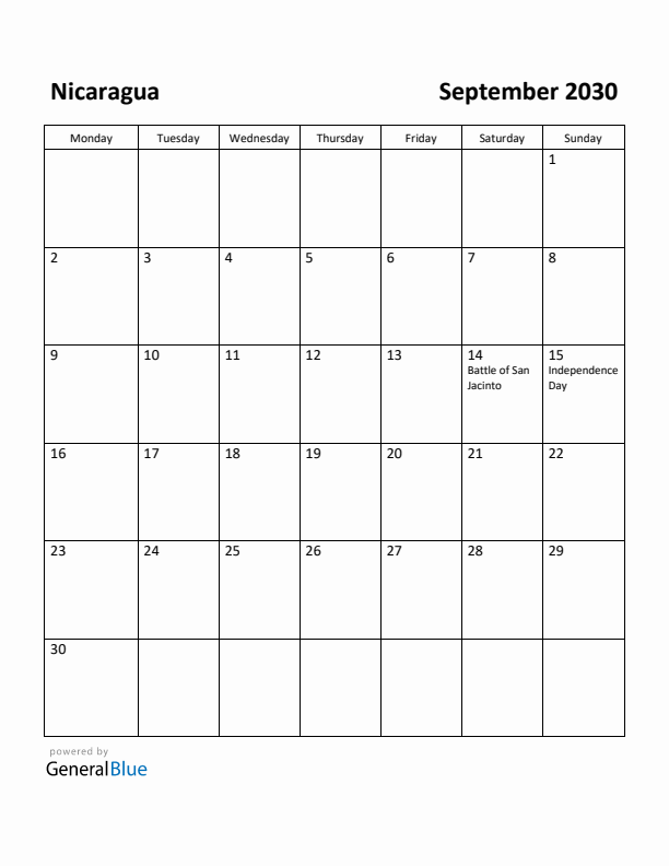 September 2030 Calendar with Nicaragua Holidays