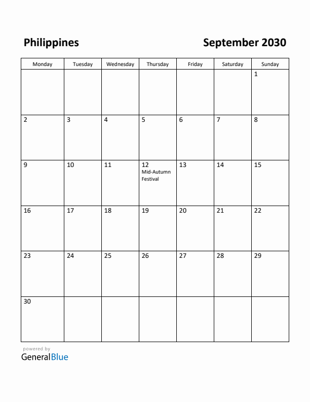 September 2030 Calendar with Philippines Holidays