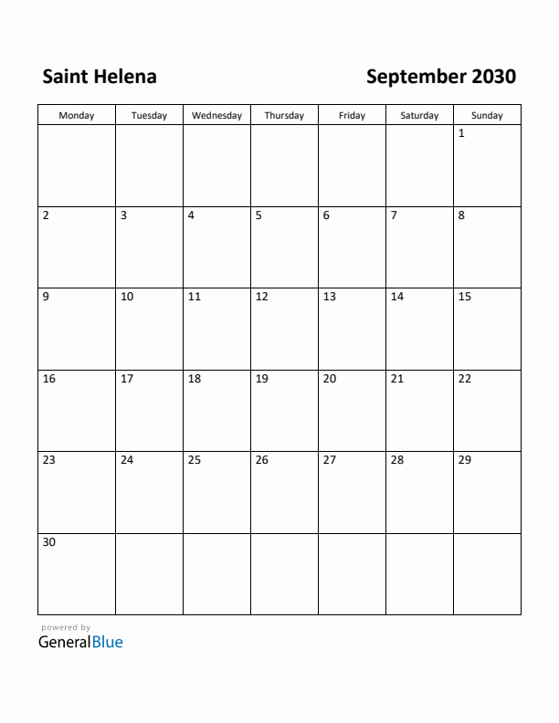 September 2030 Calendar with Saint Helena Holidays