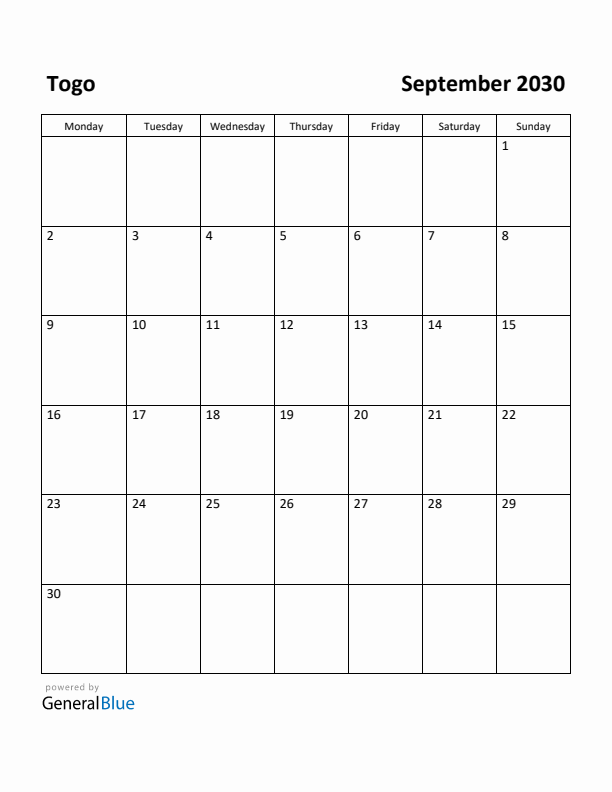September 2030 Calendar with Togo Holidays