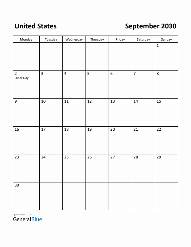 September 2030 Calendar with United States Holidays