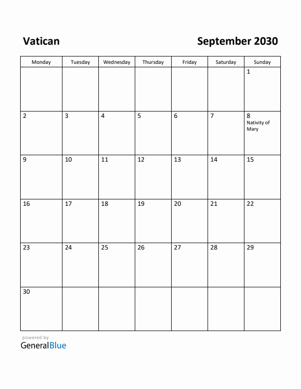 September 2030 Calendar with Vatican Holidays