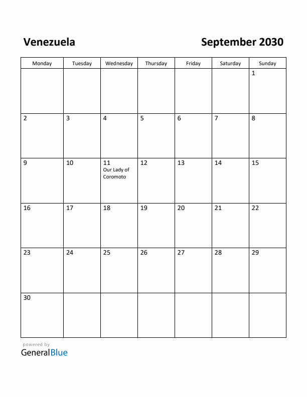 September 2030 Calendar with Venezuela Holidays