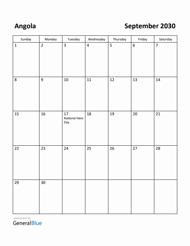 September 2030 Calendar with Angola Holidays