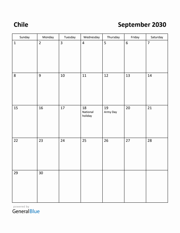 September 2030 Calendar with Chile Holidays