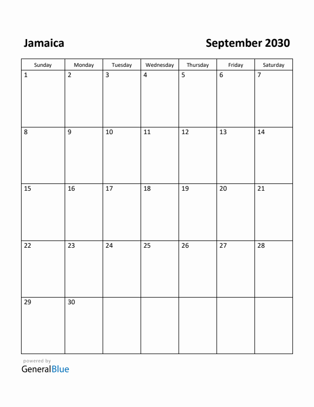 September 2030 Calendar with Jamaica Holidays