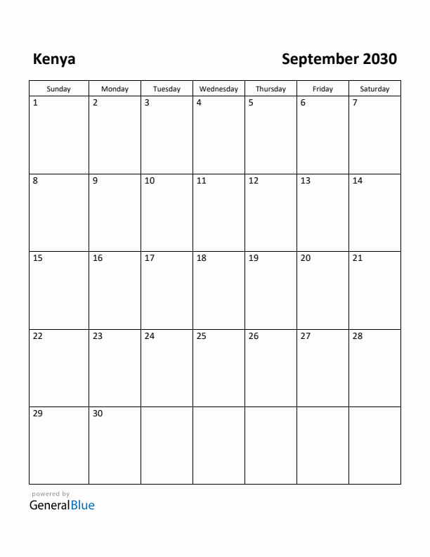 September 2030 Calendar with Kenya Holidays