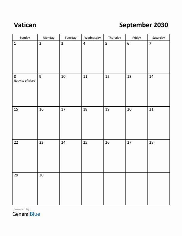 September 2030 Calendar with Vatican Holidays
