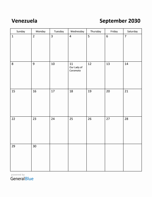 September 2030 Calendar with Venezuela Holidays