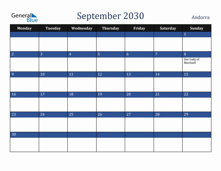 September 2030 Andorra Calendar (Monday Start)