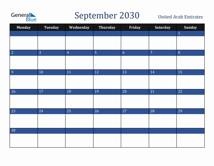 September 2030 United Arab Emirates Calendar (Monday Start)
