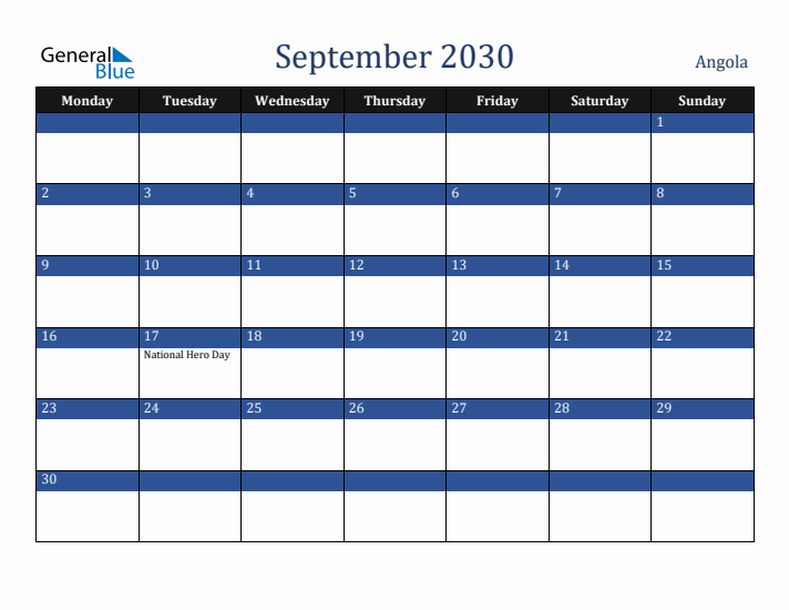 September 2030 Angola Calendar (Monday Start)