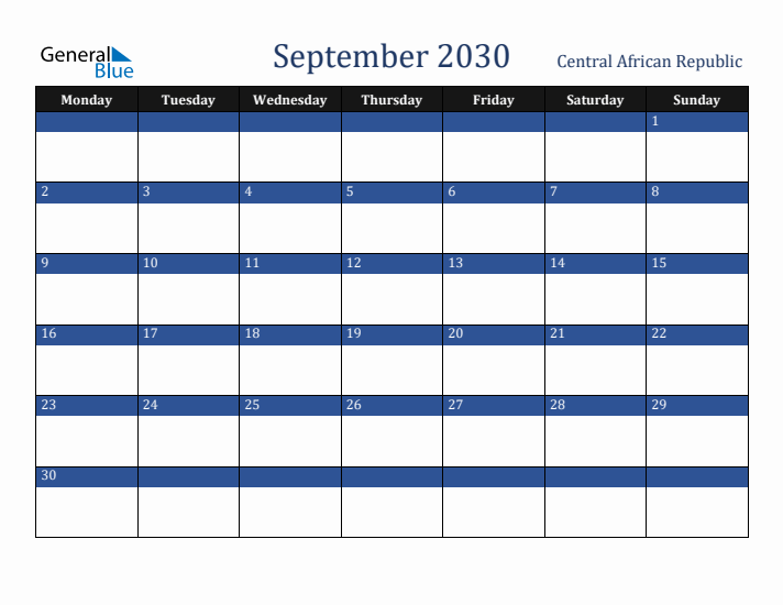 September 2030 Central African Republic Calendar (Monday Start)