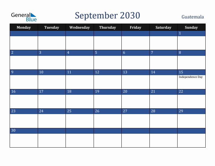 September 2030 Guatemala Calendar (Monday Start)