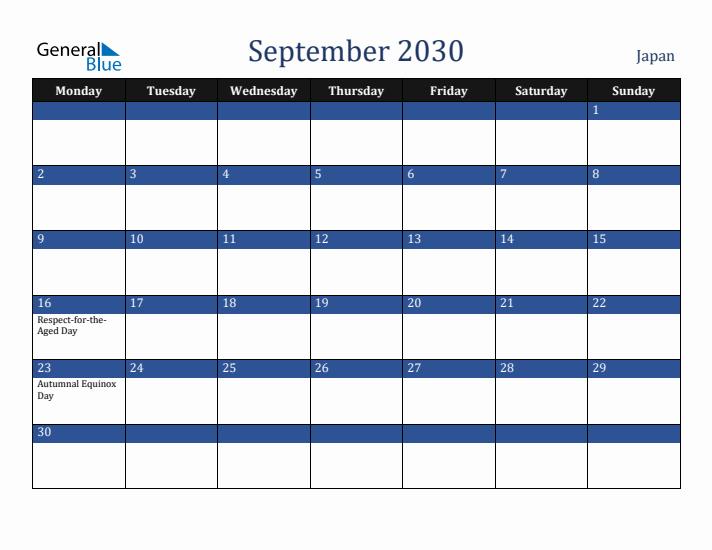 September 2030 Japan Calendar (Monday Start)