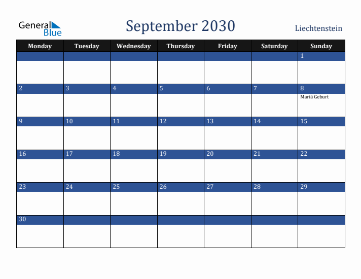 September 2030 Liechtenstein Calendar (Monday Start)