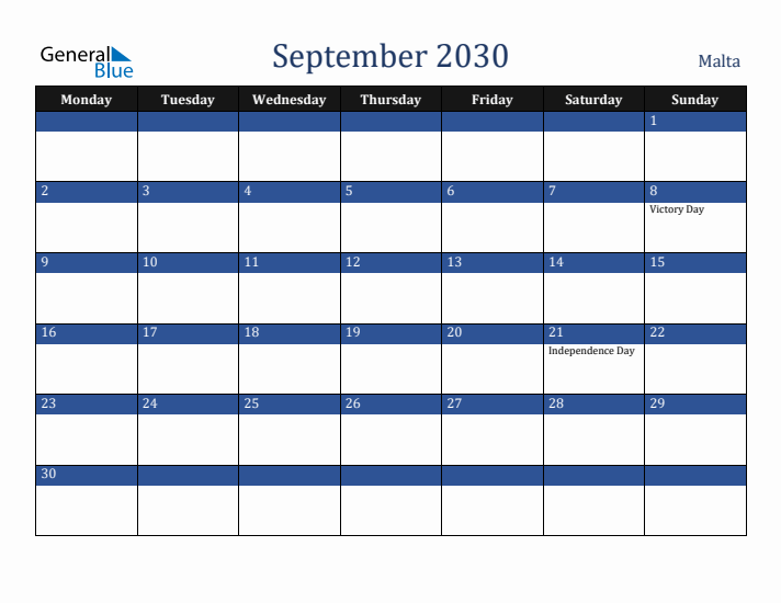September 2030 Malta Calendar (Monday Start)