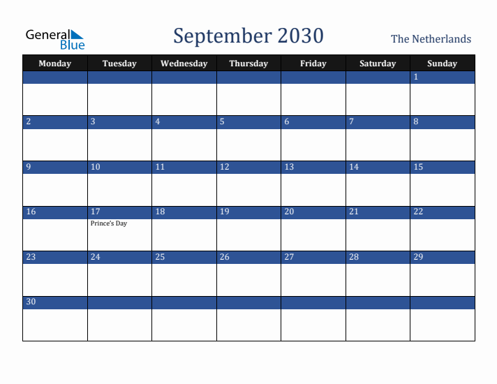 September 2030 The Netherlands Calendar (Monday Start)