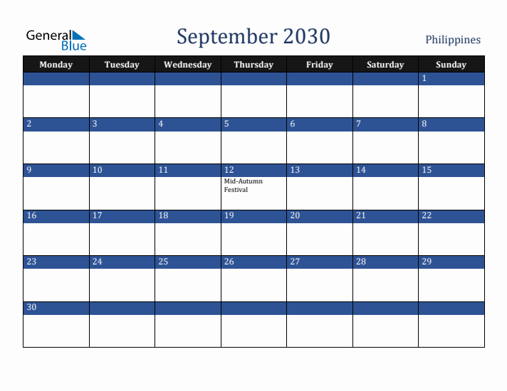 September 2030 Philippines Calendar (Monday Start)